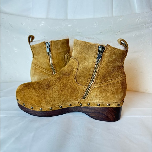 Cute Madewell Caramel Tan Leather Shearling Lined wooden block heel ankle boots - Picture 4 of 8